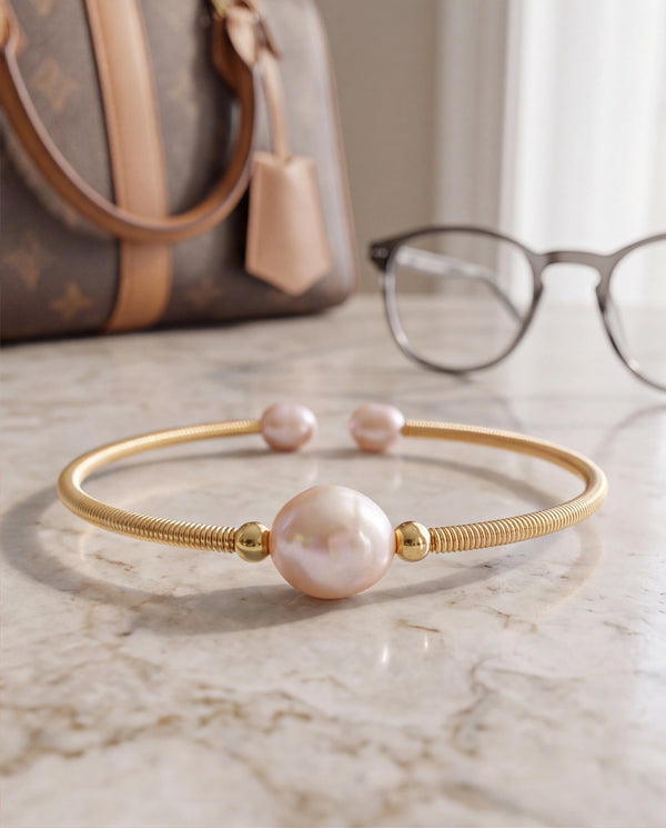 Elegant Gold-Toned Open Cuff Pearl Bracelet
