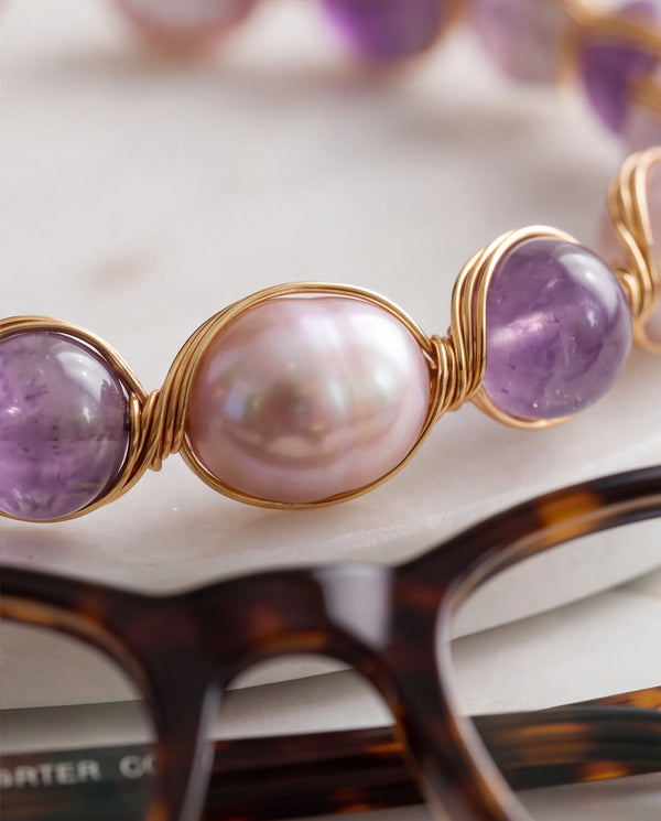 Wire-Wrapped Pearl Open Cuff Bracelet