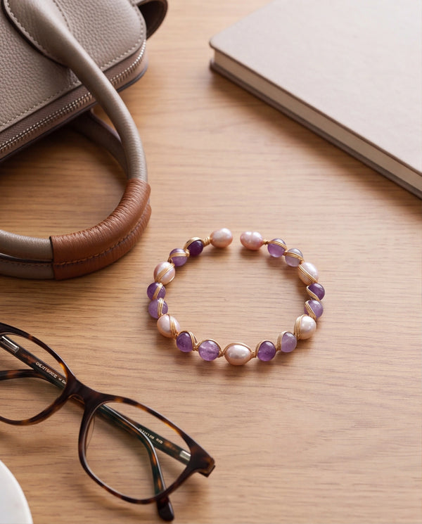 Wire-Wrapped Pearl Open Cuff Bracelet