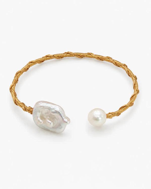 Twisted Gold-Toned Open Cuff Pearl Bracelet