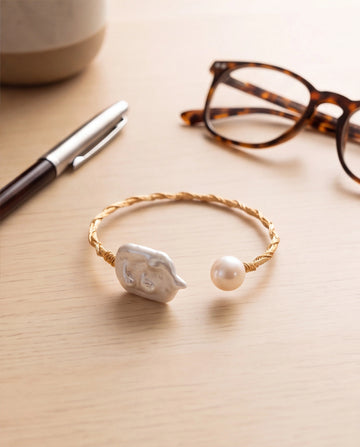 Twisted Gold-Toned Open Cuff Pearl Bracelet