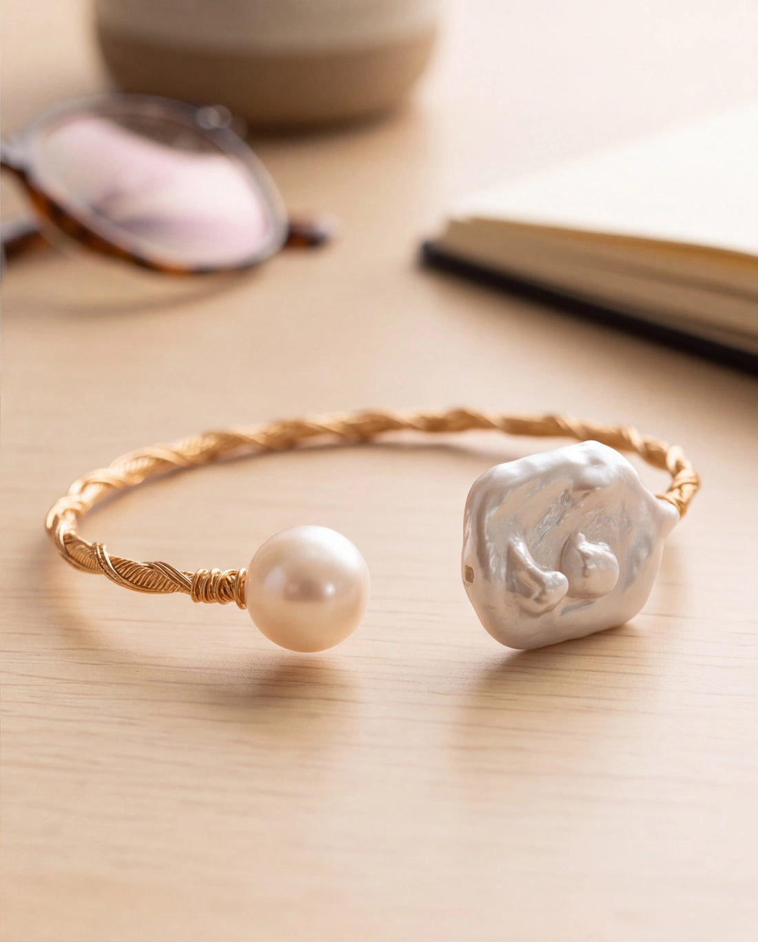 Twisted Gold-Toned Open Cuff Pearl Bracelet