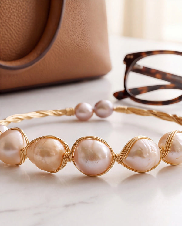 Handcrafted Wire-Wrapped Multi-Pearl Open Cuff Bracelet