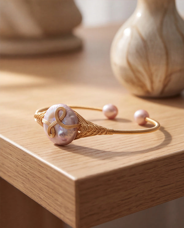Handcrafted Pink Coin Pearl Wire-Wrapped Cuff Bracelet