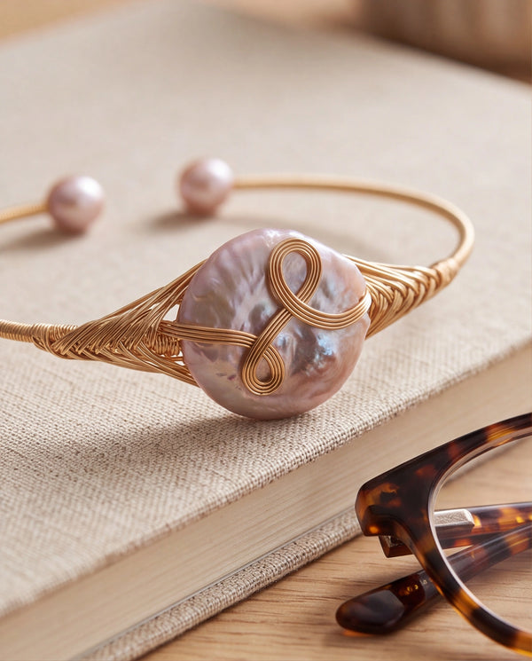 Handcrafted Pink Coin Pearl Wire-Wrapped Cuff Bracelet