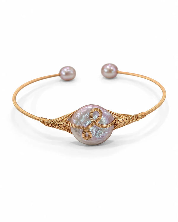 Handcrafted Pink Coin Pearl Wire-Wrapped Cuff Bracelet