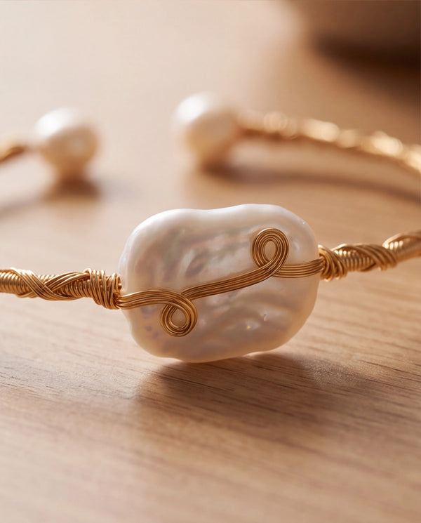 Handcrafted Baroque Pearl Wire-Wrapped Open Cuff Bracelet