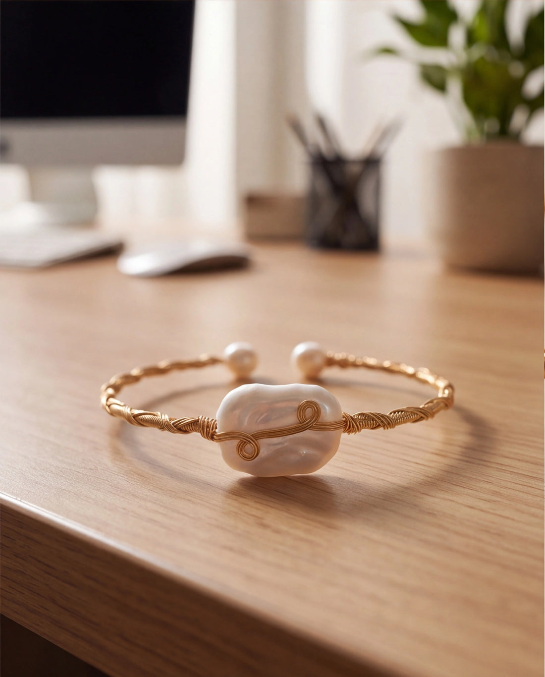 Handcrafted Baroque Pearl Wire-Wrapped Open Cuff Bracelet