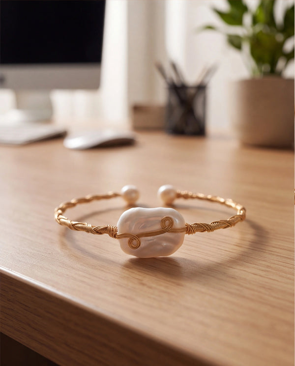 Handcrafted Baroque Pearl Wire-Wrapped Open Cuff Bracelet