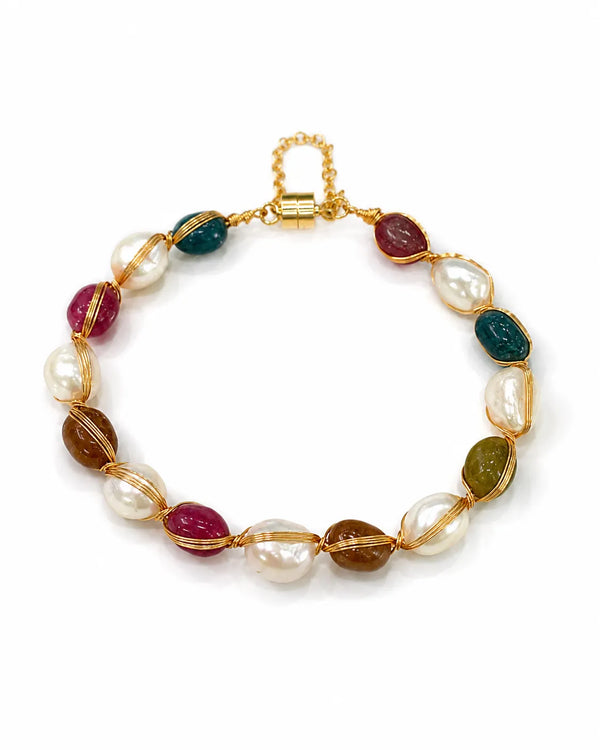 Multi-Gemstone & Pearl Wire-Wrapped Chain Bracelet