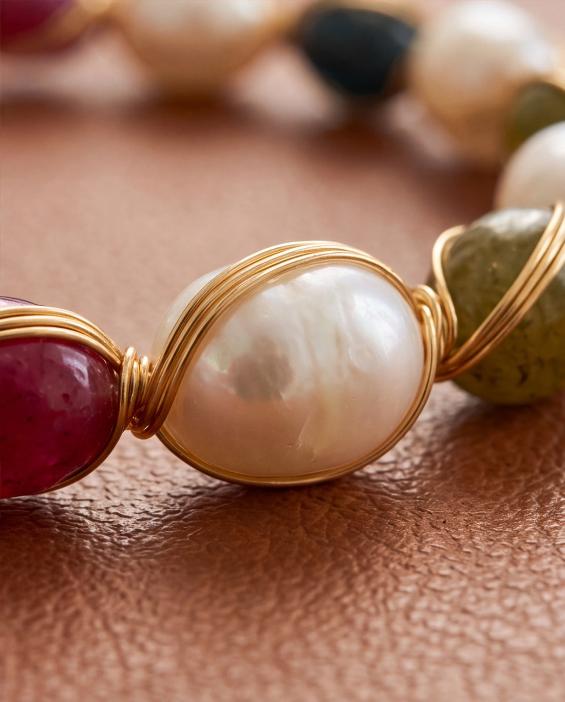Multi-Gemstone & Pearl Wire-Wrapped Chain Bracelet