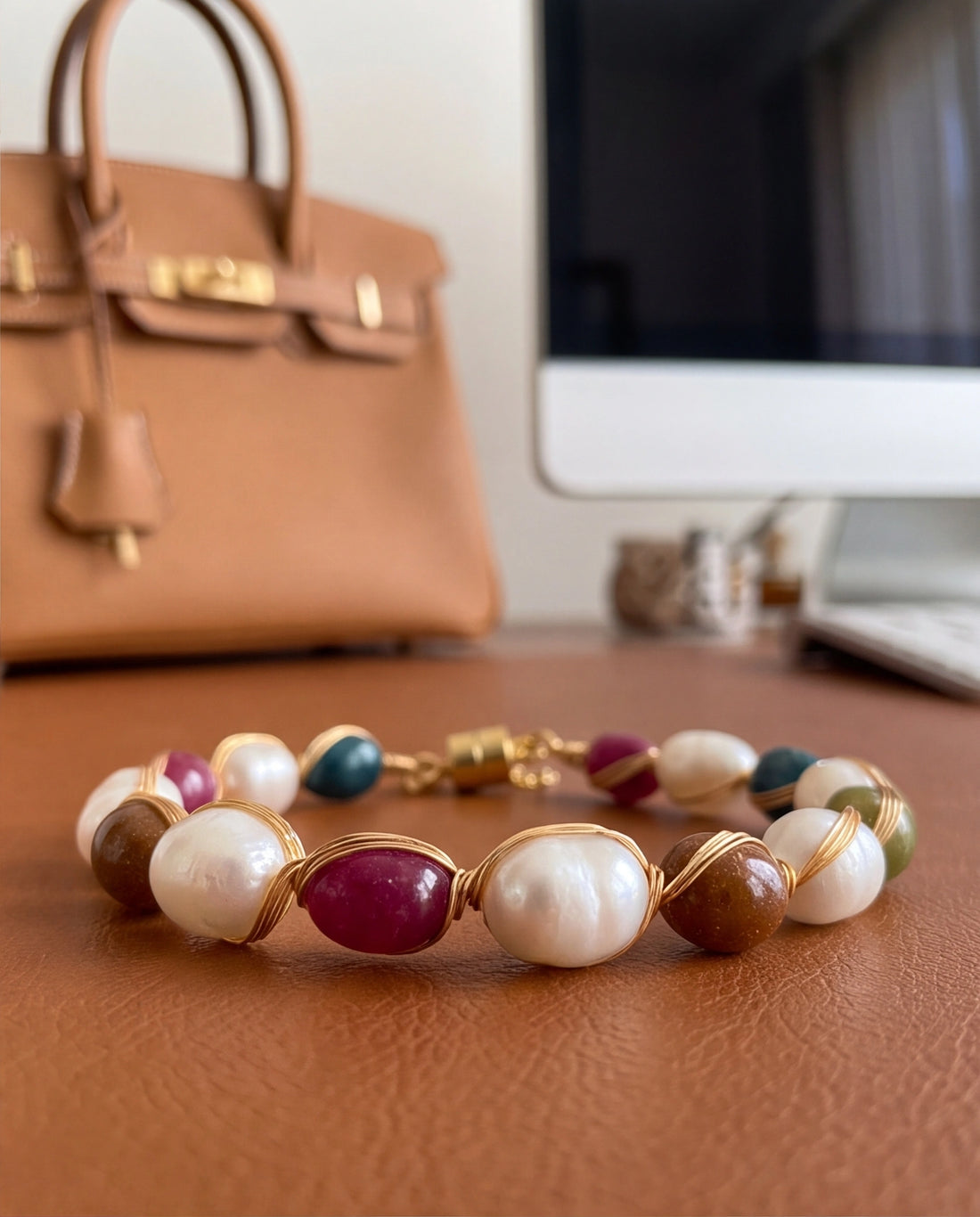 Multi-Gemstone & Pearl Wire-Wrapped Chain Bracelet