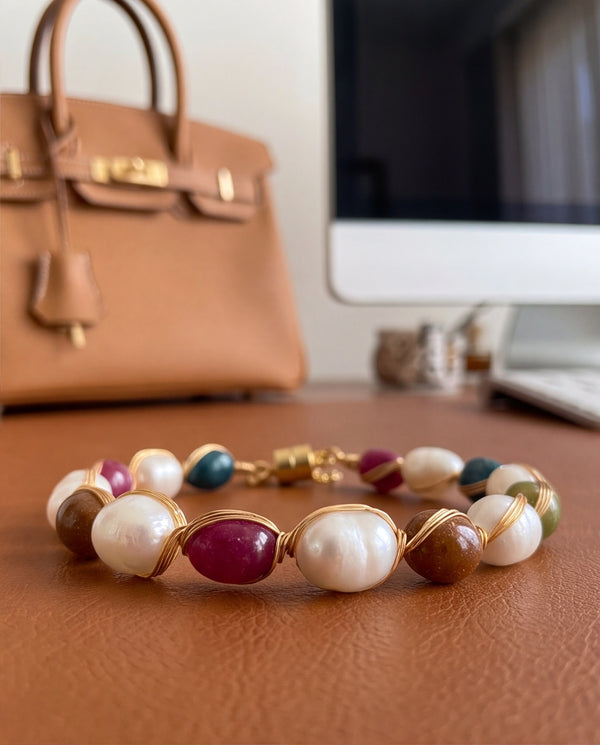 Multi-Gemstone & Pearl Wire-Wrapped Chain Bracelet