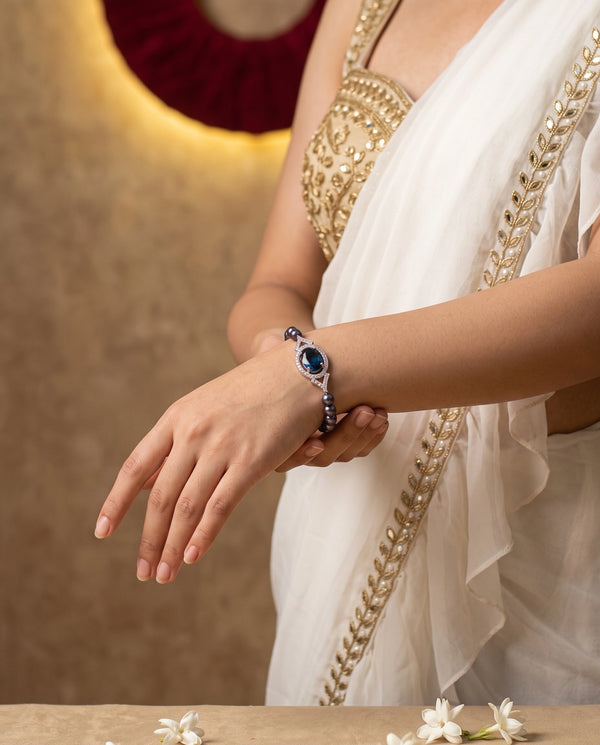 Silver-Tone Black Pearl Bracelet with Blue Sapphire Cz Centerpiece