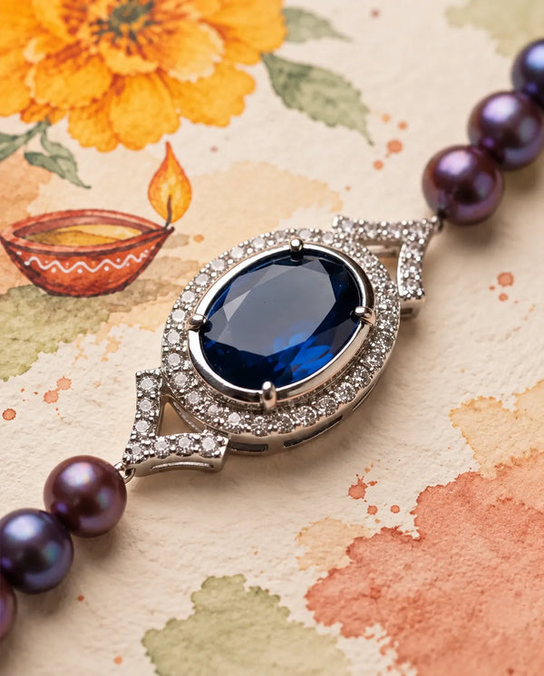 Silver-Tone Black Pearl Bracelet with Blue Sapphire Cz Centerpiece