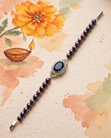 Silver-Tone Black Pearl Bracelet with Blue Sapphire Cz Centerpiece
