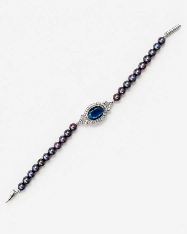 Silver-Tone Black Pearl Bracelet with Blue Sapphire Cz Centerpiece