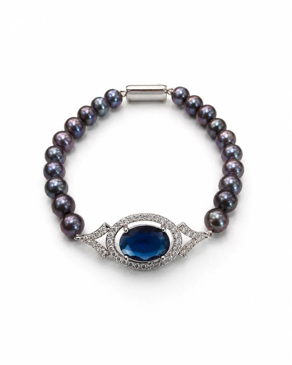 Silver-Tone Black Pearl Bracelet with Blue Sapphire Cz Centerpiece