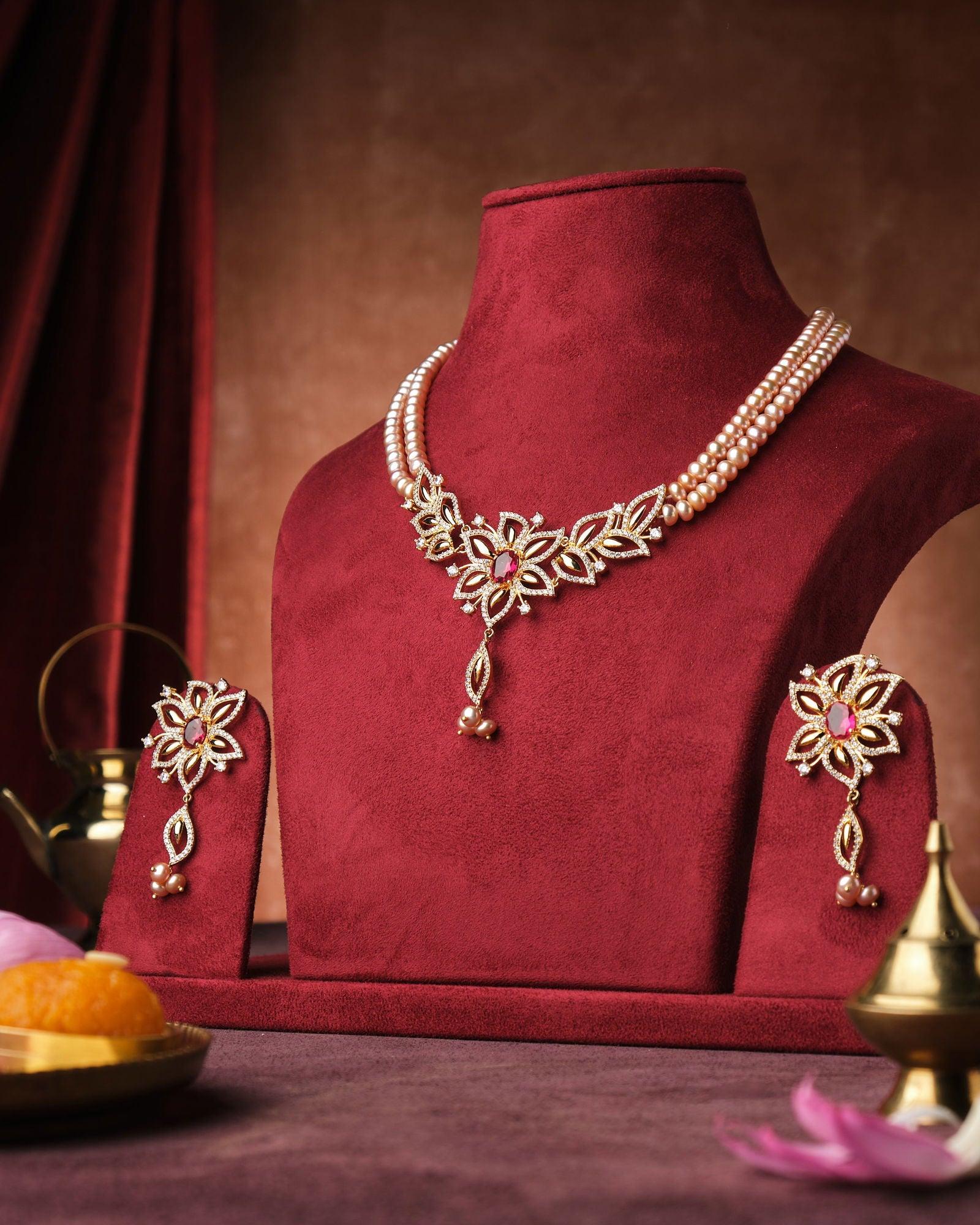 Amara Intricate Floral CZ Pendant Pearl Necklace Set - Chandrani Pearls