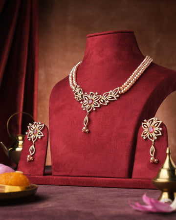 Amara Intricate Floral CZ Pendant Pearl Necklace Set - Chandrani Pearls