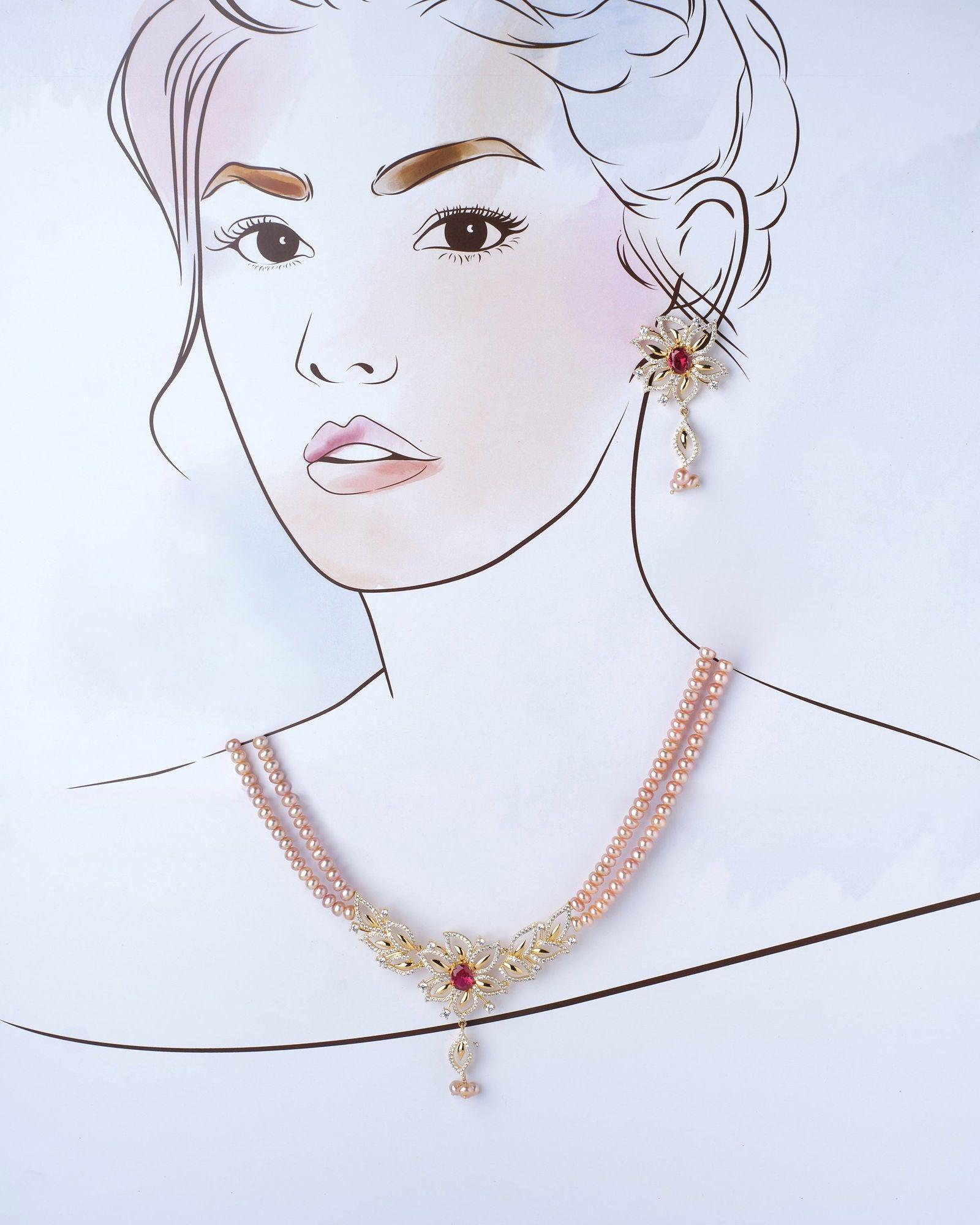 Amara Intricate Floral CZ Pendant Pearl Necklace Set - Chandrani Pearls