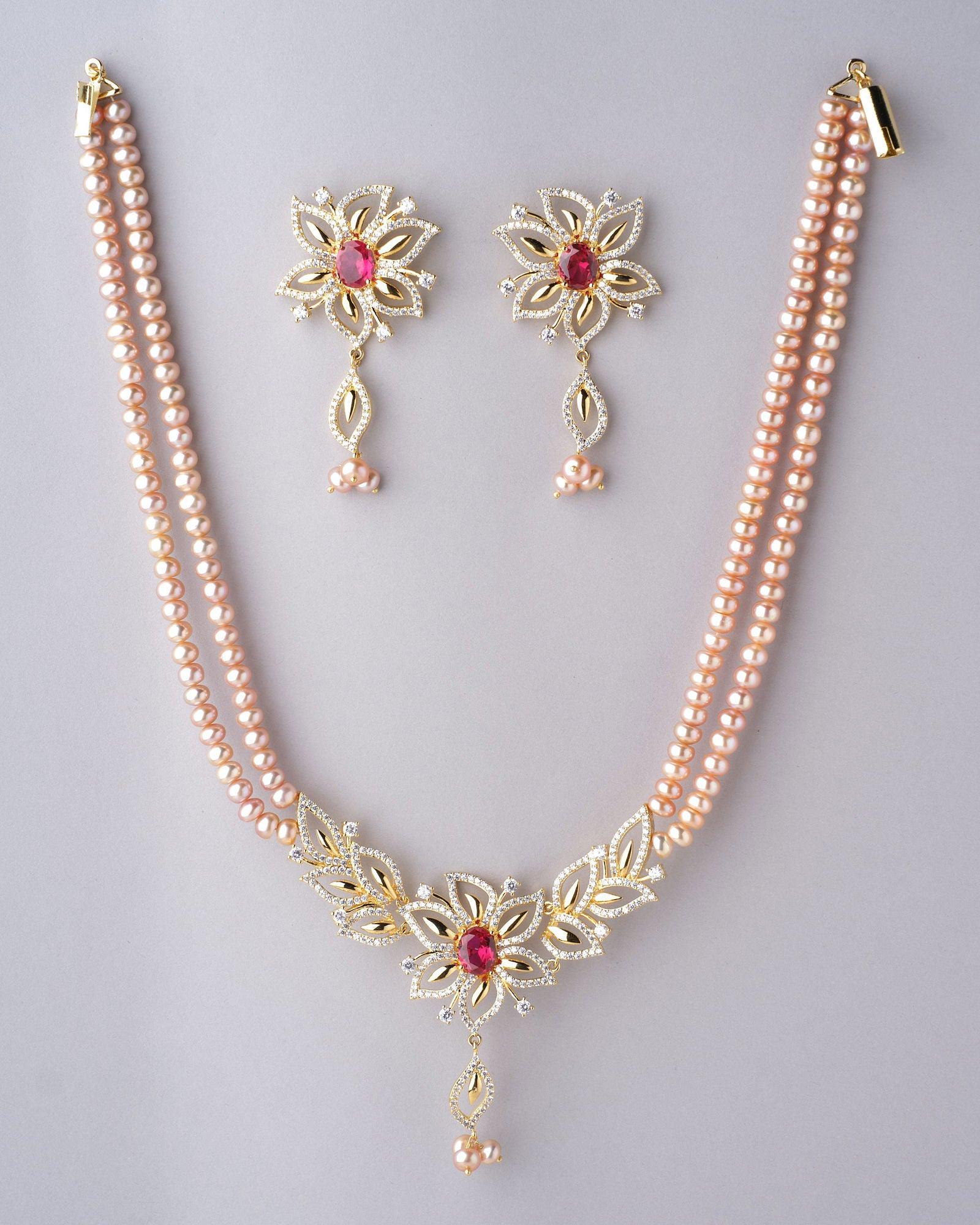 Amara Intricate Floral CZ Pendant Pearl Necklace Set - Chandrani Pearls