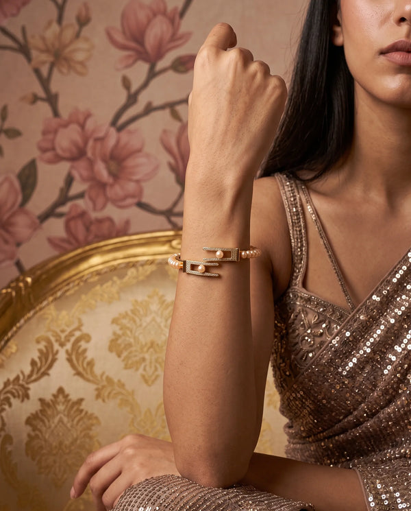 Gold Plated Pearl Bangle with Pavé CZ Geometric Bypass Clasp