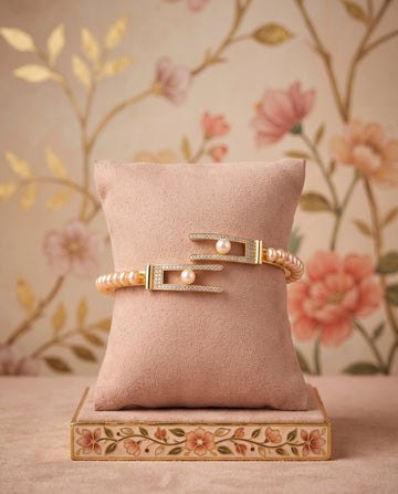 Gold Plated Pearl Bangle with Pavé CZ Geometric Bypass Clasp