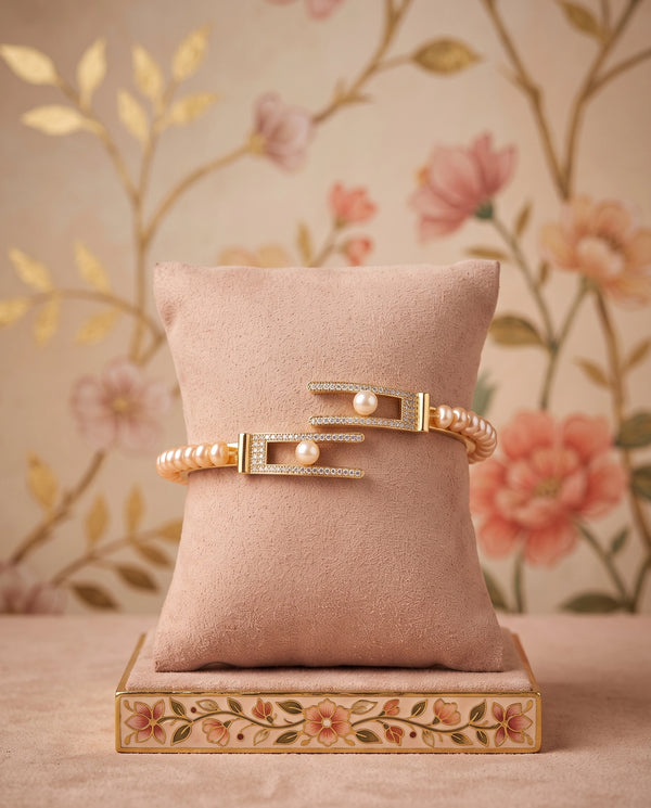 Gold Plated Pearl Bangle with Pavé CZ Geometric Bypass Clasp