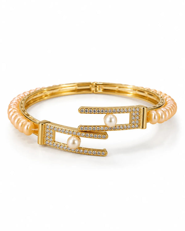 Gold Plated Pearl Bangle with Pavé CZ Geometric Bypass Clasp