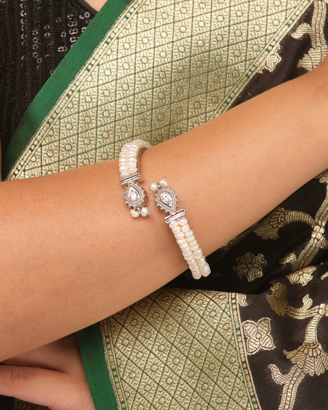 Silver-Plated Pearl and CZ Designer Pearl Bangle