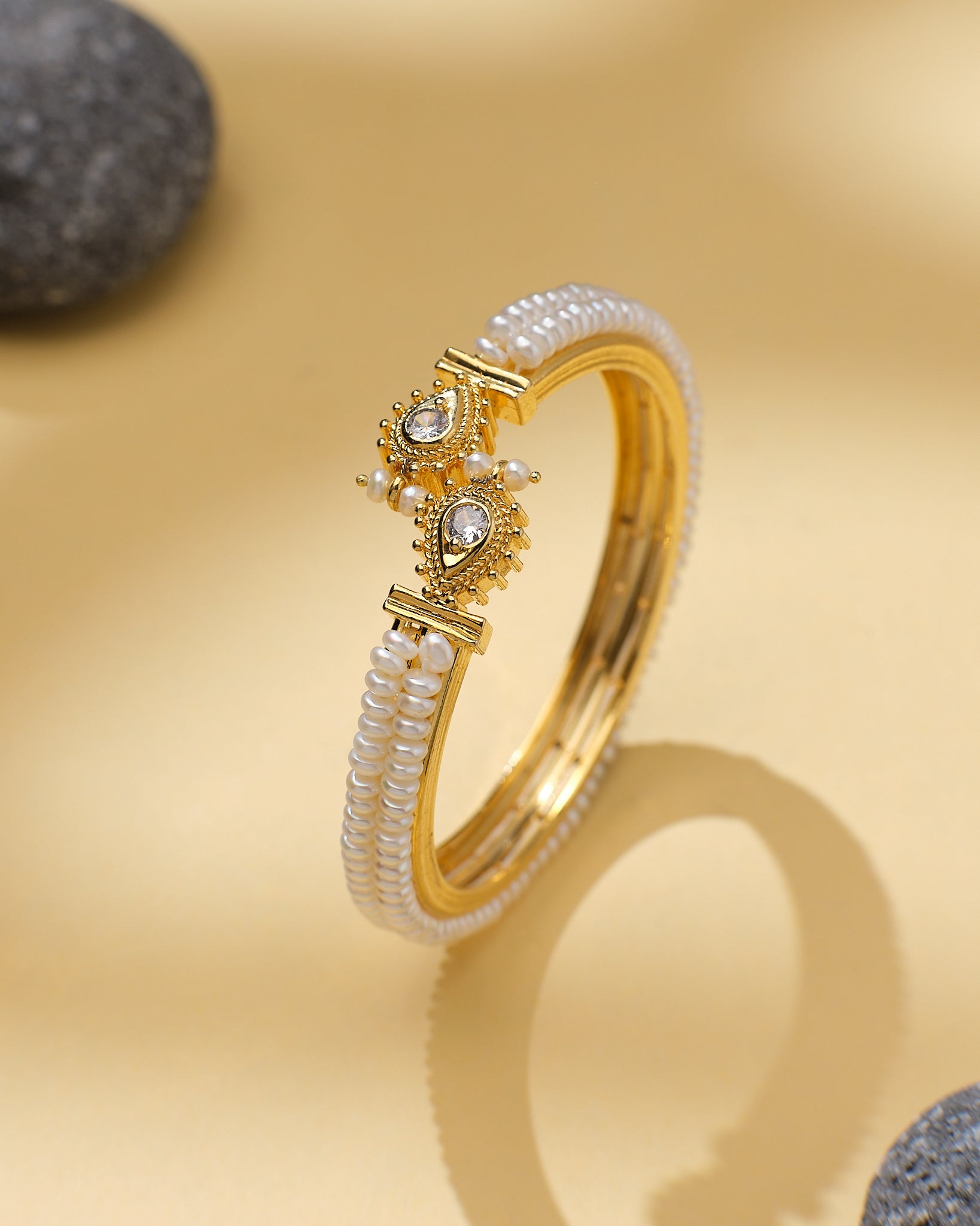 Golden-Plated Pearl and CZ Designer Bangle