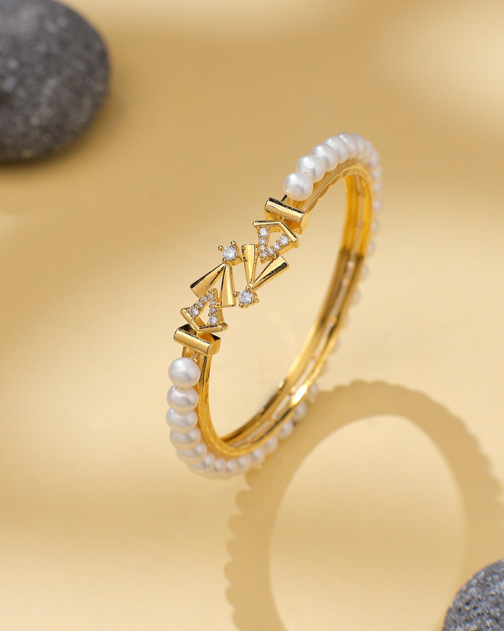 Radiant Pearl & CZ Stone Bangle Elegant Wristwear