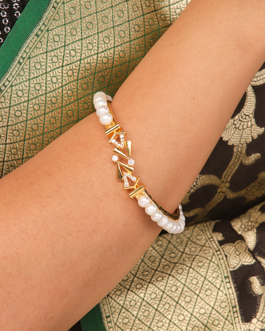 Radiant Pearl & CZ Stone Bangle Elegant Wristwear