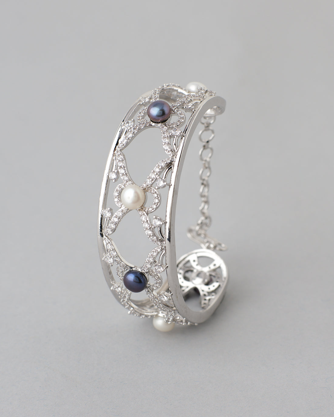 Silver Pearl & Crystal Statement Bangle