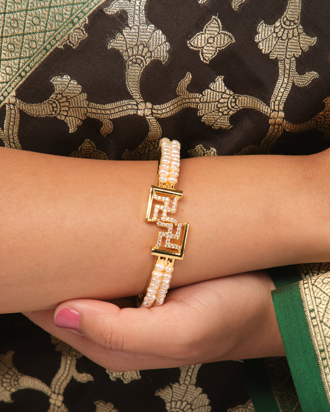 Swasthik White Pearl & CZ Cuff Bangle Chic Statement Piece