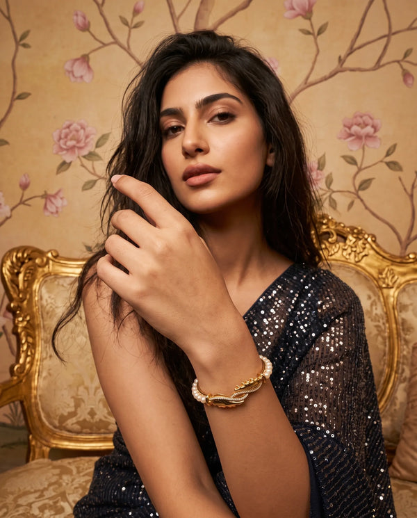 Gold Plated Pearl Bangle with CZ Leaf Accent Motif