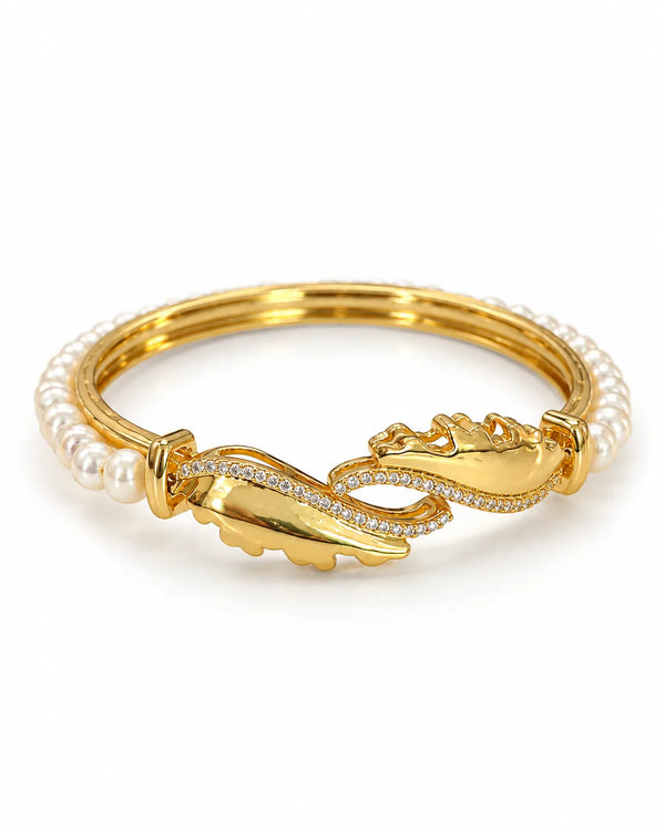 Gold Plated Pearl Bangle with CZ Leaf Accent Motif