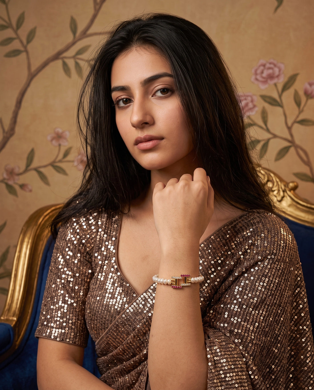 Gold-Plated Pearl Bangle with Geometric Ruby & CZ Buckle Motif