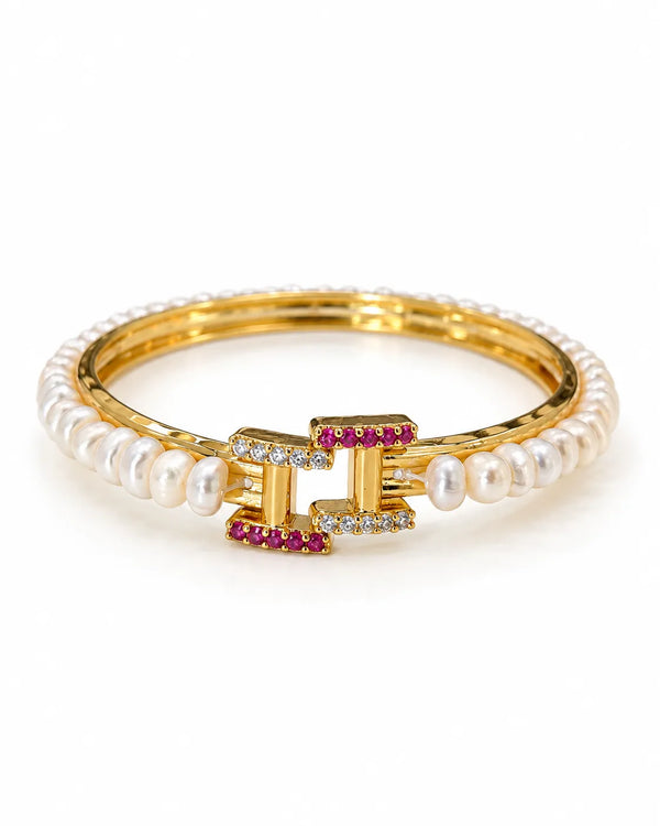 Gold-Plated Pearl Bangle with Geometric Ruby & CZ Buckle Motif