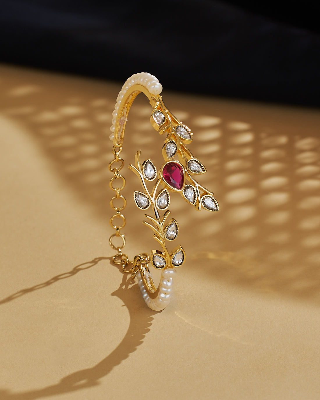 Leaf Motif Ruby CZ Pearl Bangle
