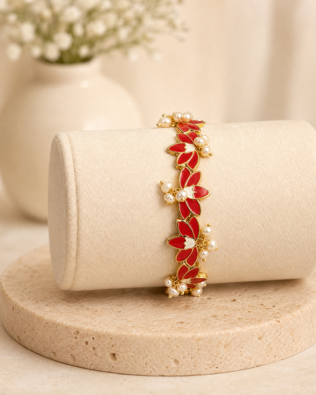 Red Lotus Meenakari Gold-Plated Open Cuff Bracelet with Pearl Drops
