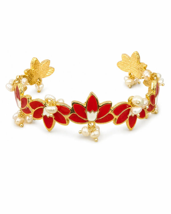 Red Lotus Meenakari Gold-Plated Open Cuff Bracelet with Pearl Drops