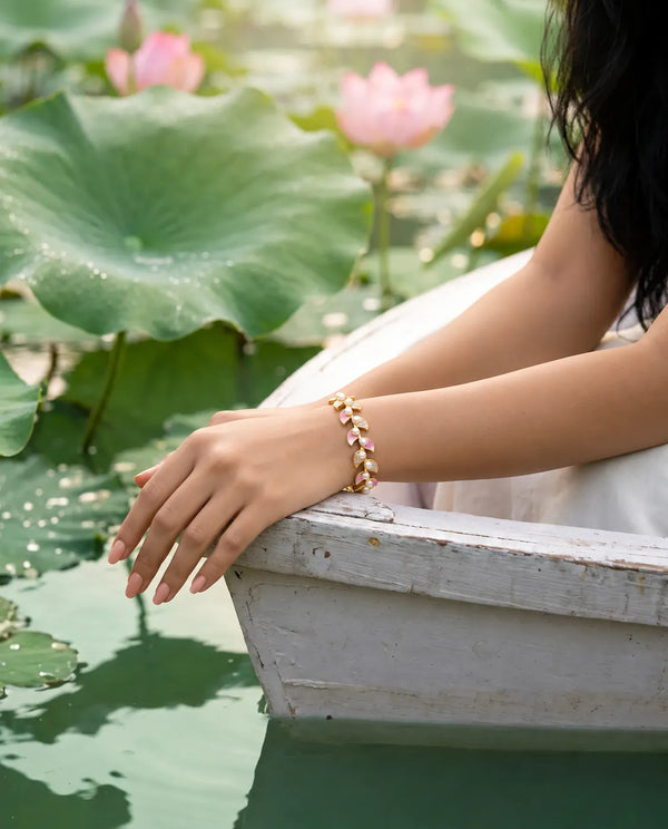 Pink Enamel Leaf & CZ Pearl Bangle Bracelet