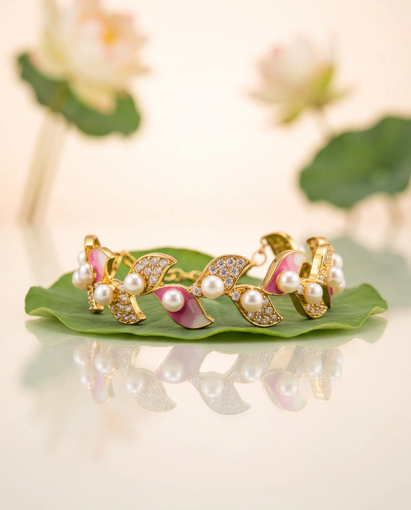 Pink Enamel Leaf & CZ Pearl Bangle Bracelet