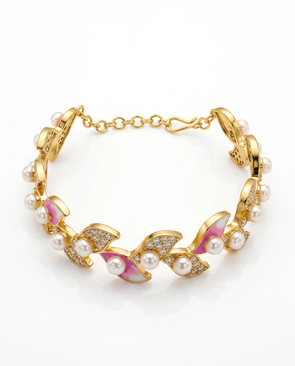 Pink Enamel Leaf & CZ Pearl Bangle Bracelet