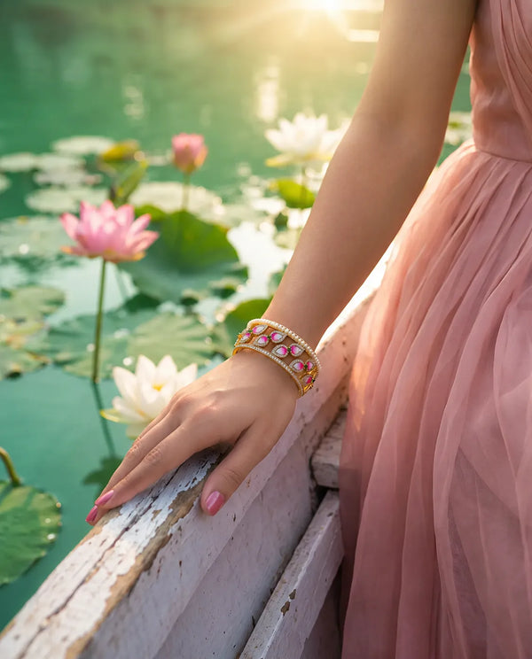 Pink Enamel Lotus Petal CZ & Pearl Cuff Bracelet