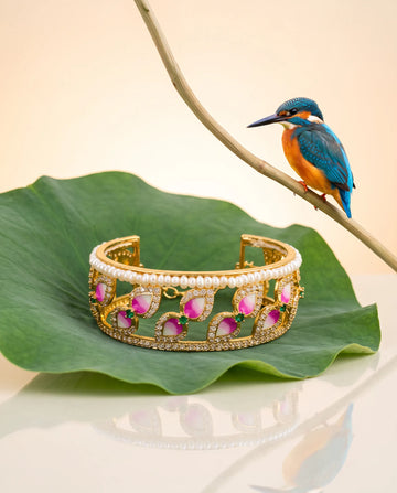 Pink Enamel Lotus Petal CZ & Pearl Cuff Bracelet