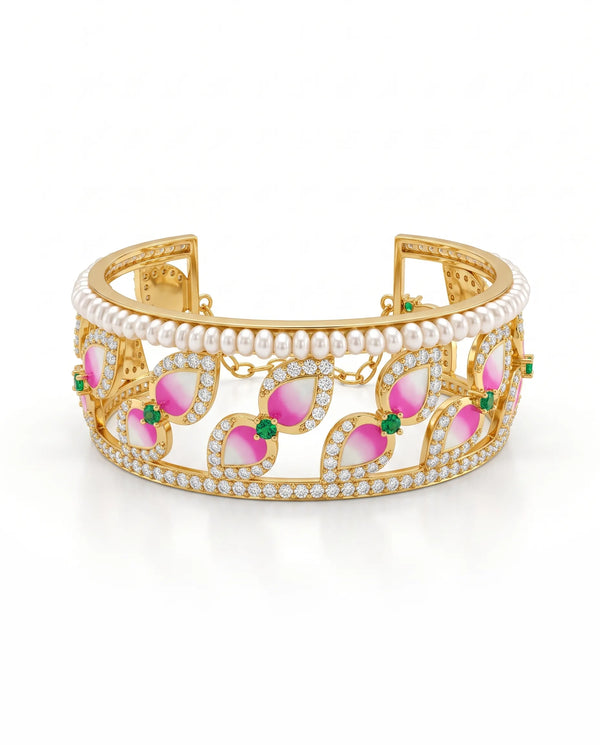 Pink Enamel Lotus Petal CZ & Pearl Cuff Bracelet