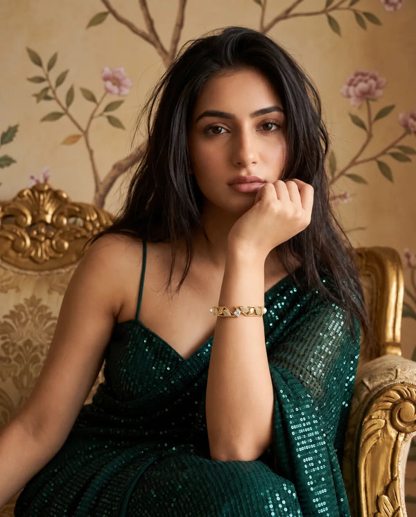 Gold Plated Pearl Bangle with Pavé Leaf & Solitaire CZ Canter